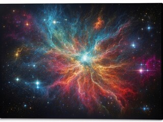 Wall Mural - Stunning illustration of a cosmic nebula with radiant star clusters and glowing dust, glowing in the dark with colorful multicolor light, centered on a black background