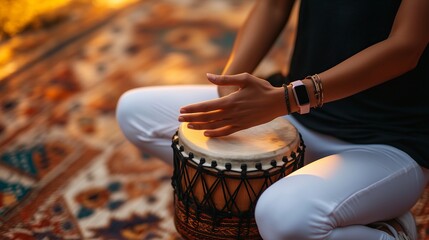 Wall Mural - A close-up photo of a woman's hands playing an African drum.