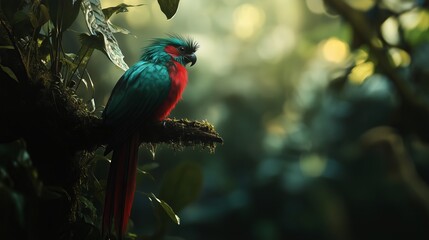 The quetzal bird, perched on a tree branch in a rainforest.