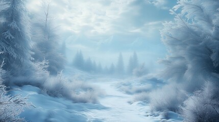 Wall Mural - A snowy path winds through a frosted forest towards distant mountains under a cloudy sky.