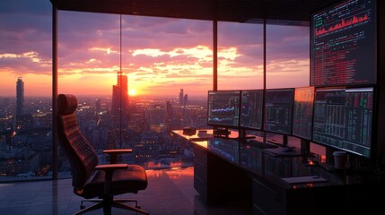 Stock market trader analyzing charts on multiple monitors working late in a high rise office at sunset