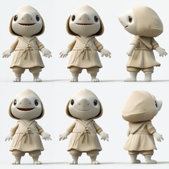 A cute, stylized character in a beige robe, shown from multiple angles.