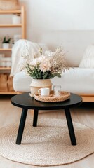 A black round side table with a plant sits elegantly in front of a soft gray sofa on a beige carpet in a minimal Scandinavian living room