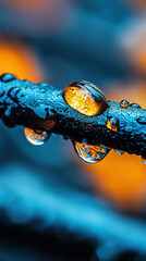 Wall Mural - Close-up photo of raindrops on a dark surface capturing vibrant reflections of light contrasting against a blurred background, creating a vivid mood.