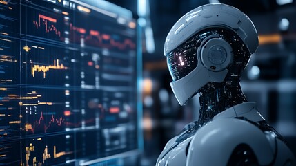 A white humanoid robot looks at a computer screen filled with data and graphs.