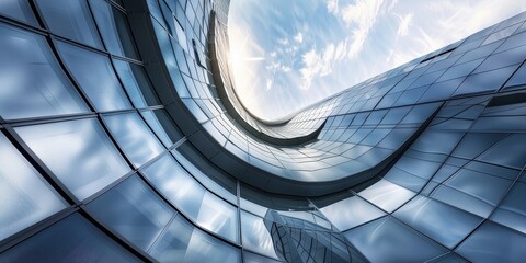 Wall Mural - Abstract architectural view of a modern glass building reaching towards the sky under a clear blue atmosphere