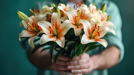 Wall Mural - A person is holding a bouquet of white flowers. The flowers are arranged in a vase and are placed in a brown paper bag