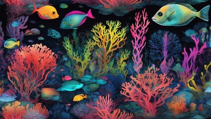 Wall Mural - Stunning illustration of a fantastical underwater realm with glowing marine life and corals, glowing in the dark with colorful multicolor light, centered on a black background