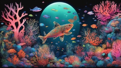 Wall Mural - Stunning illustration of a fantastical underwater realm with glowing marine life and corals, glowing in the dark with colorful multicolor light, centered on a black background