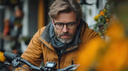 Sticker - In the city, a businessman with a hipster style is setting up his electric bicycle for commuting.