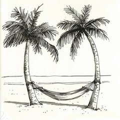 Minimalist drawing of a hammock between two palm trees in black and white style