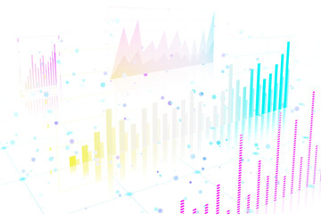 Multicolored bar and line graphs displayed on a white background. Digital holographic design concept. 3D Rendering