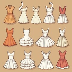 A collection of illustrated dresses in various styles and colors.