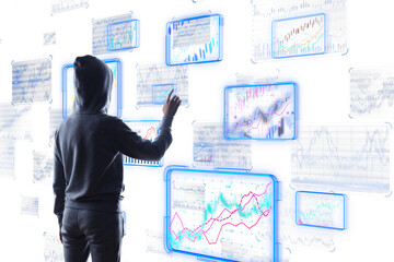 Canvas Print - A person wearing a hoodie interacts with various digital data screens. Concept of cybersecurity, data analysis, and digital technology