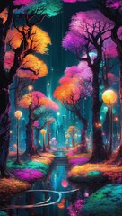 Wall Mural - Stunning illustration of a futuristic city park with luminous trees and pathways, glowing in the dark with colorful multicolor light, centered on a black background