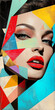© johnv - Face close-up, woman with red flag, painted eyes, glamourous makeup, elegant hair, beauty in blue mask. Woman painted on a wall