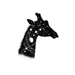 silhouette of Giraffe filled with space and sci-fi element in rough drawing,