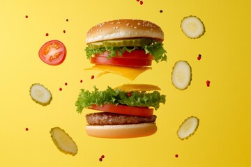 cheeseburger ingredients flying, flat yellow background 