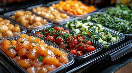 Prepared meals in containers for takeaway in the restaurant kitchen.