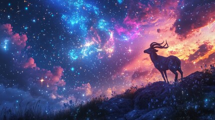 Wall Mural - picture of the zodiac sign of saggitarius, majestic, l at night, in a natural, beautiful and joyful place. stars shining at the sky, colorful light rays crossing the sky