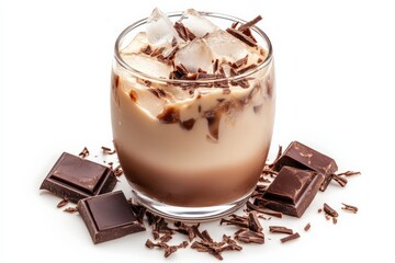 Delicious iced chocolate drink topped with ice cubes and chocolate shavings, surrounded by chocolate chunks on a white background.