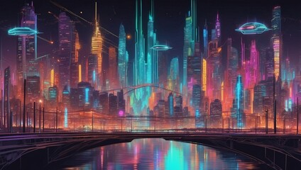 Wall Mural - Stunning illustration of a futuristic cityscape with neon-lit bridges and flying drones, glowing in the dark with colorful multicolor light, centered on a black background