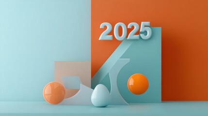 Wall Mural - This image shows the year 2025 in white 3D text, with orange and blue shapes and floating orbs in the background.