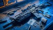 © kinara art design - A close-up shot of a black assault rifle with a scope on top laying on a blue background with other tactical gear.