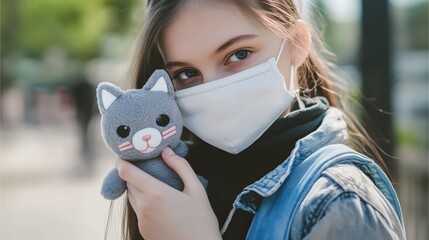 little girl wearing a face mask and holding a soft toy cat.