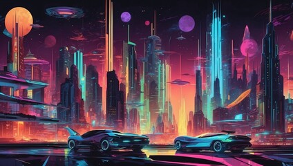 Wall Mural - Stunning illustration of a futuristic metropolis with luminous towers and flying cars, glowing in the dark with colorful multicolor light, centered on a black background