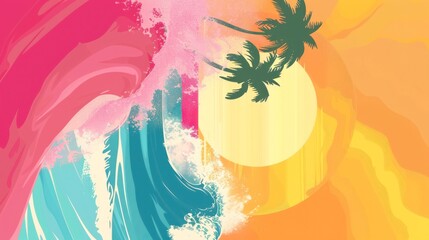 Wall Mural - A colorful tropical scene with three palm trees and a blue wave. The colors are bright and cheerful, giving off a happy and relaxed vibe