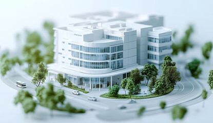 A detailed architectural model of a hospital building, highlighting modern design elements and intricate details with visible blueprints on the floor plan.