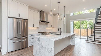 Modern open plan kitchen featuring white shaker cabinets and marble island