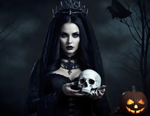 woman in a witch costume holds a skull surrounded by pumpkins and candles in a dimly lit Halloween