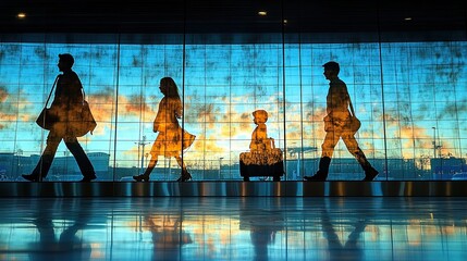 A family with two children is walking through the airport with luggage as they head off on holiday.