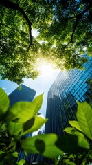 A vibrant view of skyscrapers surrounded by lush foliage, with sunlight filtering through green leaves, capturing urban nature harmony.