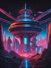 Wall Mural - Stunning illustration of a futuristic space settlement with glowing infrastructure and neon accents, glowing in the dark with colorful multicolor light, centered on a black background