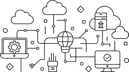 Wall Mural - a vector illustration of a futuristic technology concept showing interconnected devices, cloud compu