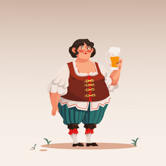 Vector illustration. Cheerful woman in traditional Bavarian dress holds frothy beer mug with contented smile. Cartoon art style. Concept of food and drink, traditions, Oktoberfest, celebration.