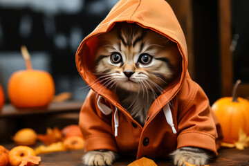 Poster - A cat is wearing a brown coat and sitting on a table with pumpkins. The scene has a warm and cozy feeling, as the cat is dressed up for the fall season