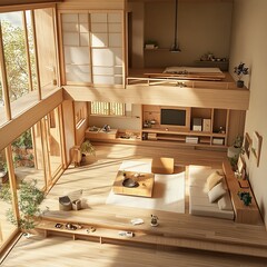 Wall Mural - Isometric view living room muji style open inside interior architecture 3d rendering