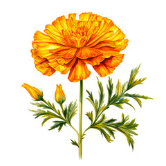 Wall Mural - A vibrant illustration of a marigold flower with lush green leaves and a blooming bud isolated on transparency PNG background, perfect for use in botanical designs, educational materials