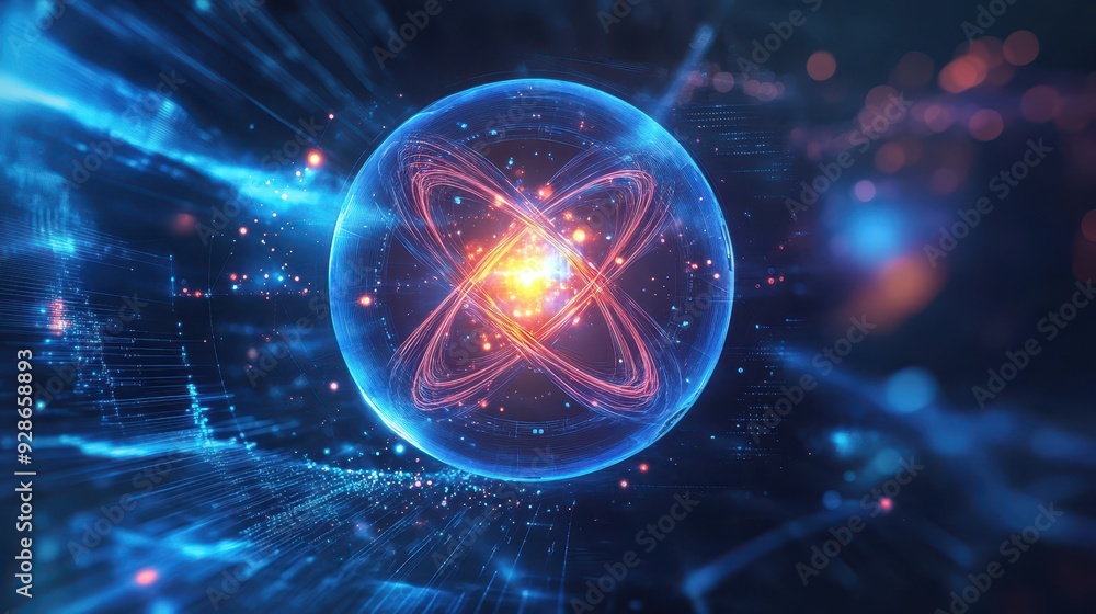 Futuristic atom with dynamic electron trails around nucleus, glowing in ...