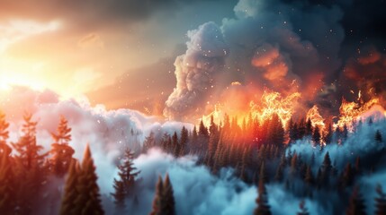 Wall Mural - A dramatic illustration of severe weather, showing a wildfire raging through a forest, with smoke billowing into the sky and flames consuming the landscape.