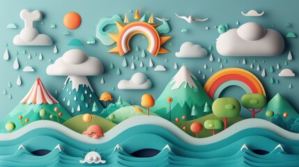 Wall Mural - A detailed weather illustration series featuring global weather patterns, showcasing the diversity of climates and atmospheric conditions across different regions.