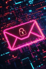 Wall Mural - A stylized, neon-lit envelope icon with a prominent lock symbol, surrounded by a digital matrix, representing cutting-edge encrypted email technology.