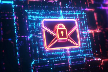 Wall Mural - A stylized, neon-lit envelope icon with a prominent lock symbol, surrounded by a digital matrix, representing cutting-edge encrypted email technology.