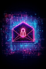 Wall Mural - A stylized, neon-lit envelope icon with a prominent lock symbol, surrounded by a digital matrix, representing cutting-edge encrypted email technology.