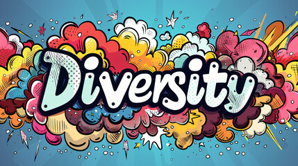 Poster - Diversity comic book style lettering illustration surrounded by colorful explosions on a blue radial background