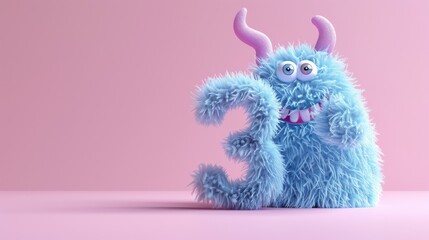 Blue 3D Fluffy Number 3 with pink background.